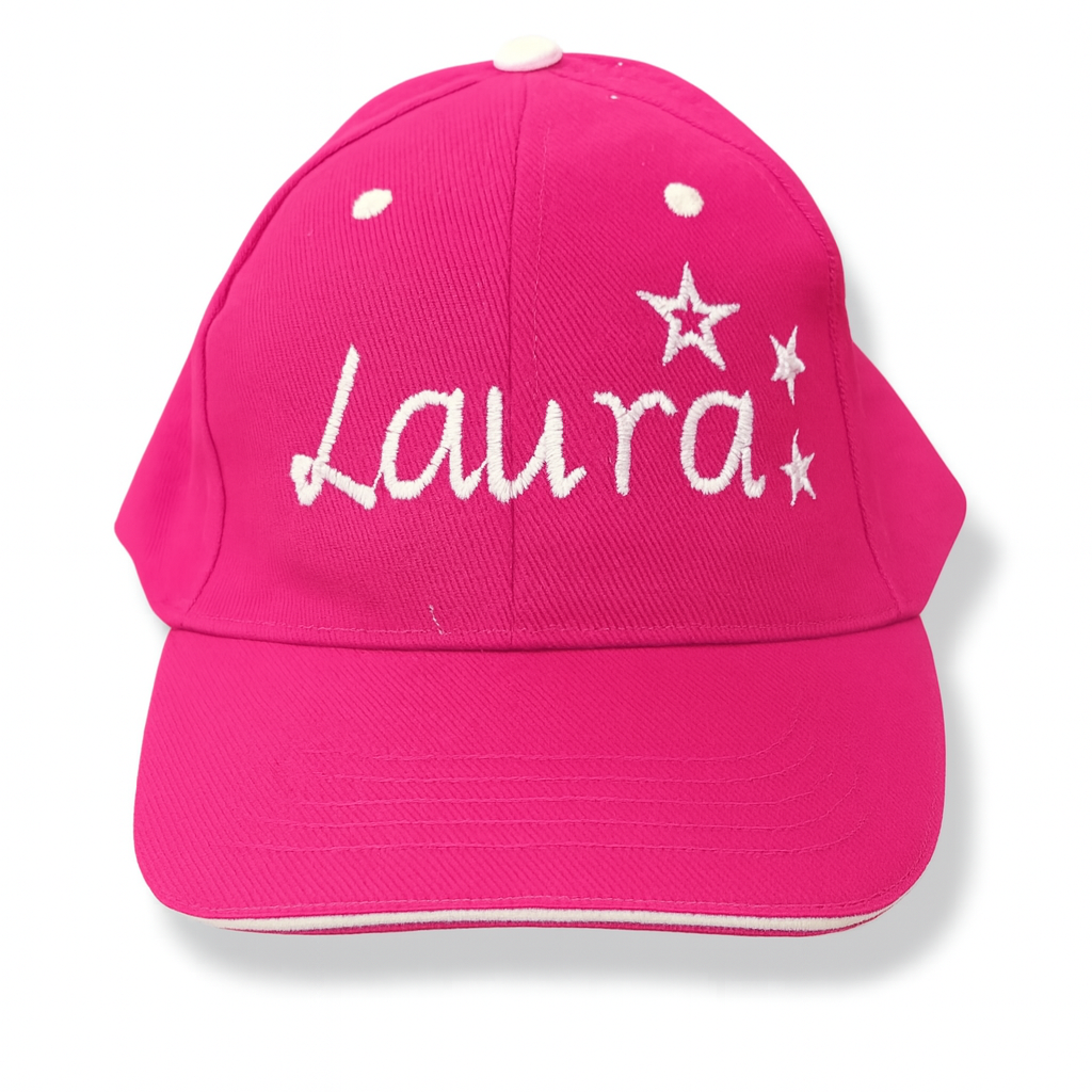 gorra fucsia bordado con nombre blanco diseño estrellas
