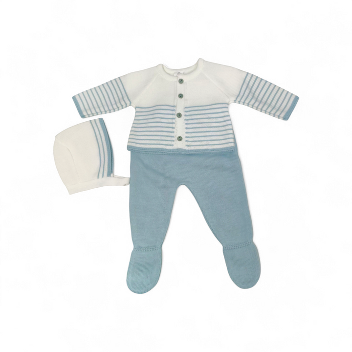 Conjunto de hilo para bebé verde agua 3 piezas – Jersey, polaina y gorrito