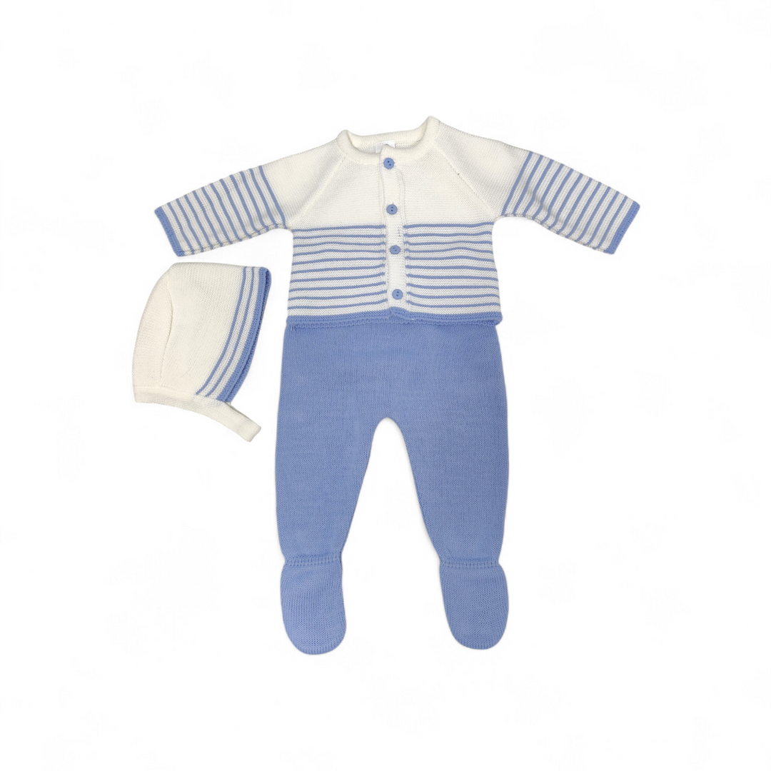 Conjunto de hilo para bebé azul 3 piezas – Jersey, polaina y gorrito