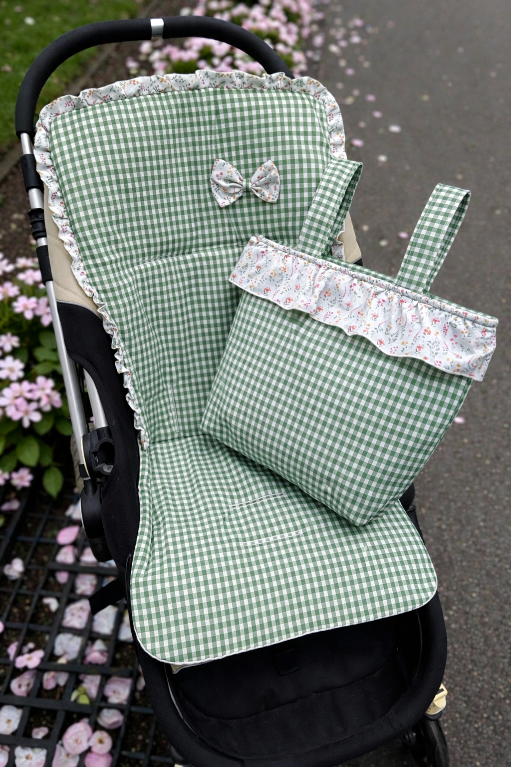Set colchoneta + bolso vichy verde para carrito de bebé