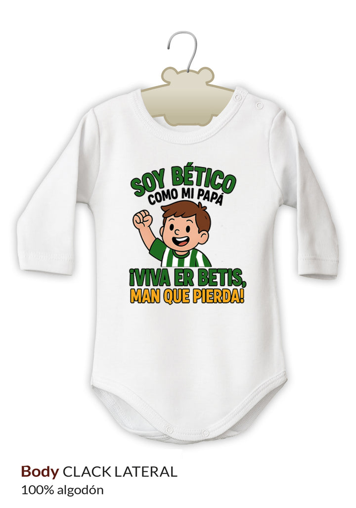 Body blanco de manga larga con texto y dibujo en verde, negro y amarillo, diseño divertido y tema futbolístico.