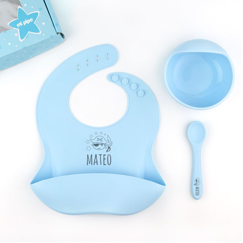 Vajilla con babero, bol y cuchara de silicona Personalizada, dibujo a elegir - Mikeko