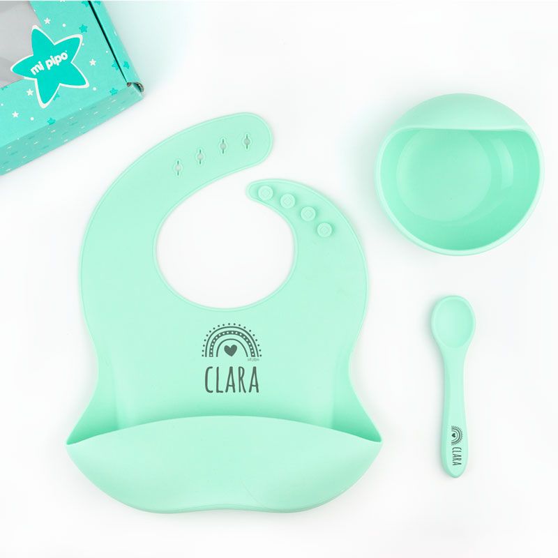 Vajilla con babero, bol y cuchara de silicona Personalizada, dibujo a elegir - Mikeko