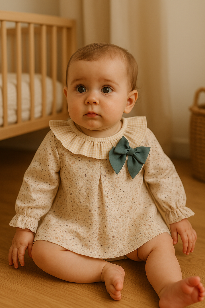 Vestido bebé flores beige con lazo verde – Calamaro