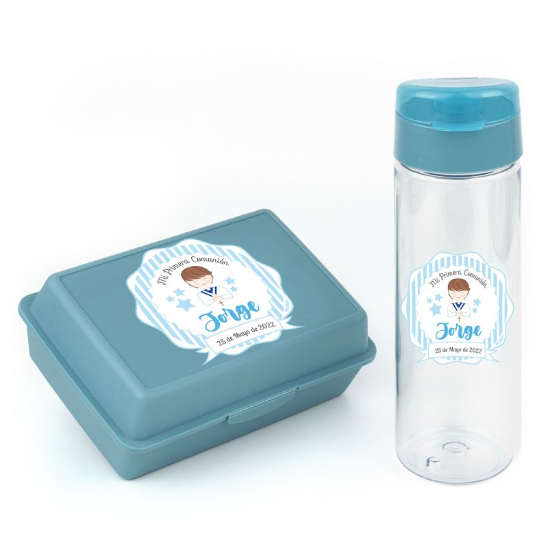 Pack Botella 600ml + Cajita Porta Alimentos Azul personalizadas Comunión - Mikeko