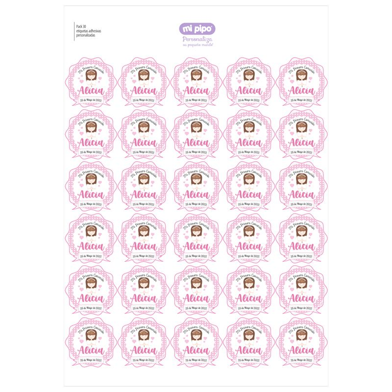 Pack 30 etiquetas personalizadas para objetos Comunión rosa – Mikeko
