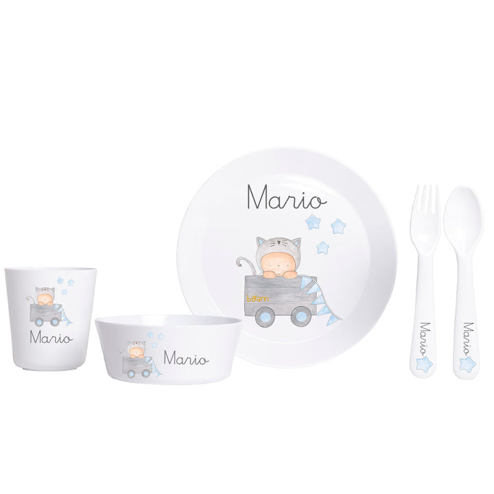 Vajilla Completa (Platos + Vaso + Cubiertos) diseño Juguetes Azul con Nombre Personalizado - Mikeko