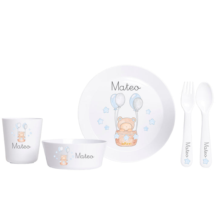 Vajilla Completa (Platos + Vaso + Cubiertos) diseño Globos Azul con Nombre Personalizado - Mikeko