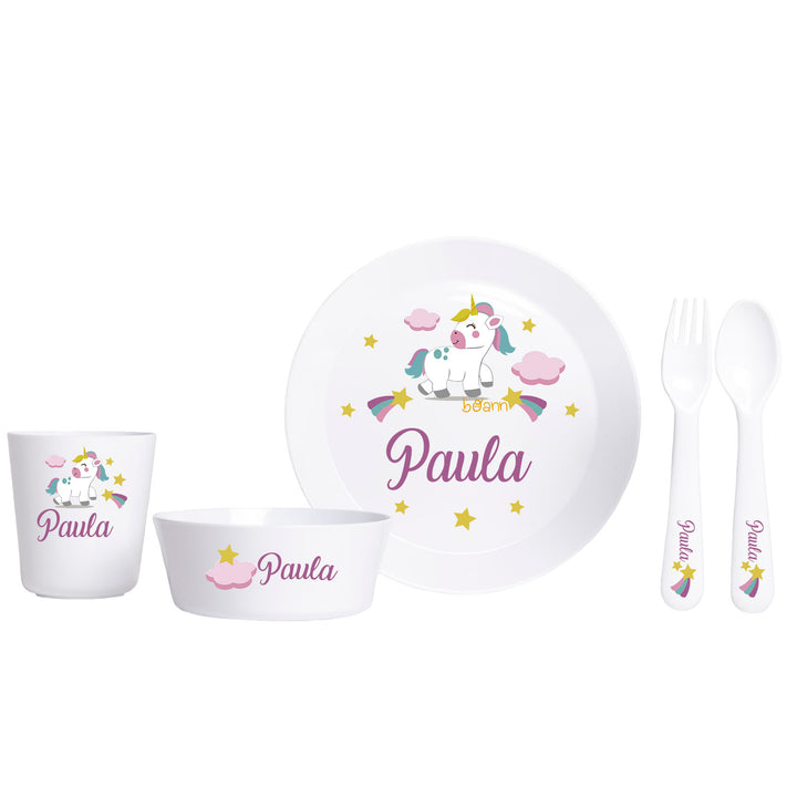 Vajilla Completa (Platos + Vaso + Cubiertos) diseño Unicornio con Nombre Personalizado - Mikeko