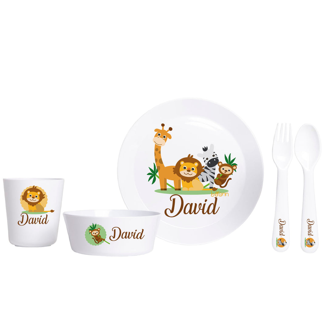 Vajilla Completa (Platos + Vaso + Cubiertos) diseño Zoo con Nombre Personalizado - Mikeko