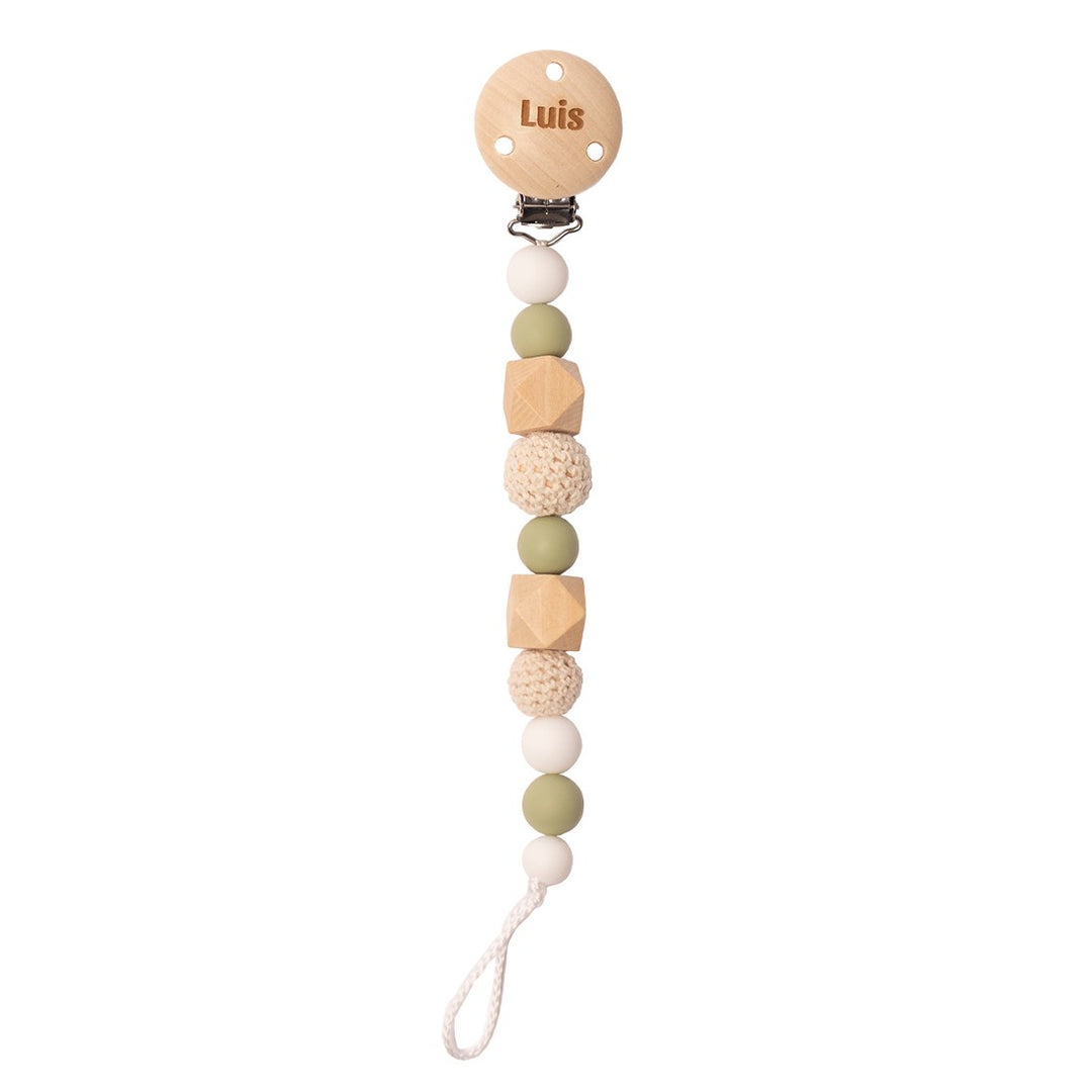 Cadena Sujeta Chupete Silicona Verde Oliva con Nombre Personalizado - Mikeko