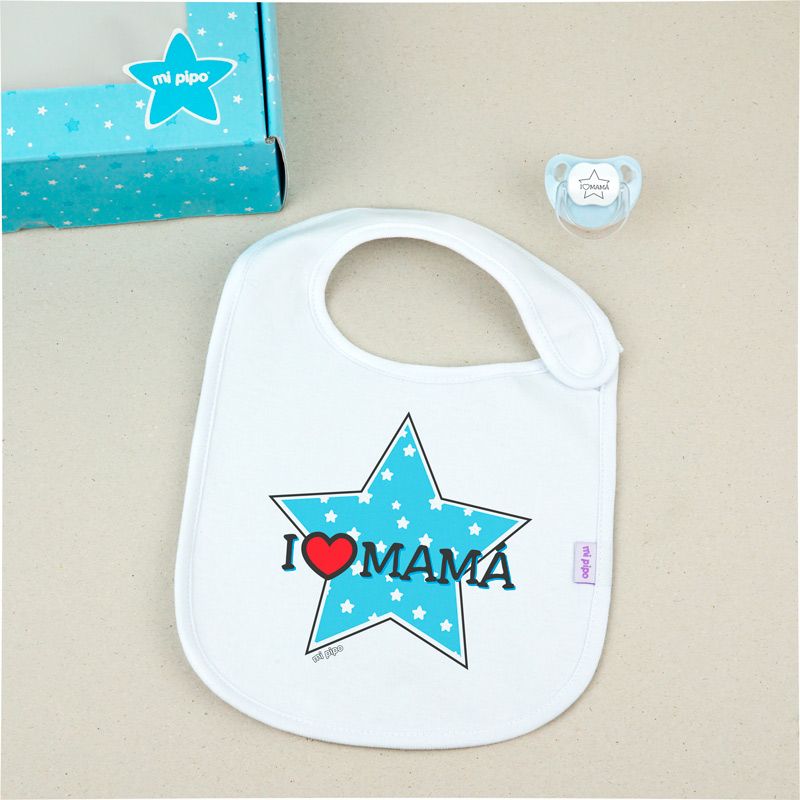 Cajita Babero + Chupete I love Mamá con estrella azul