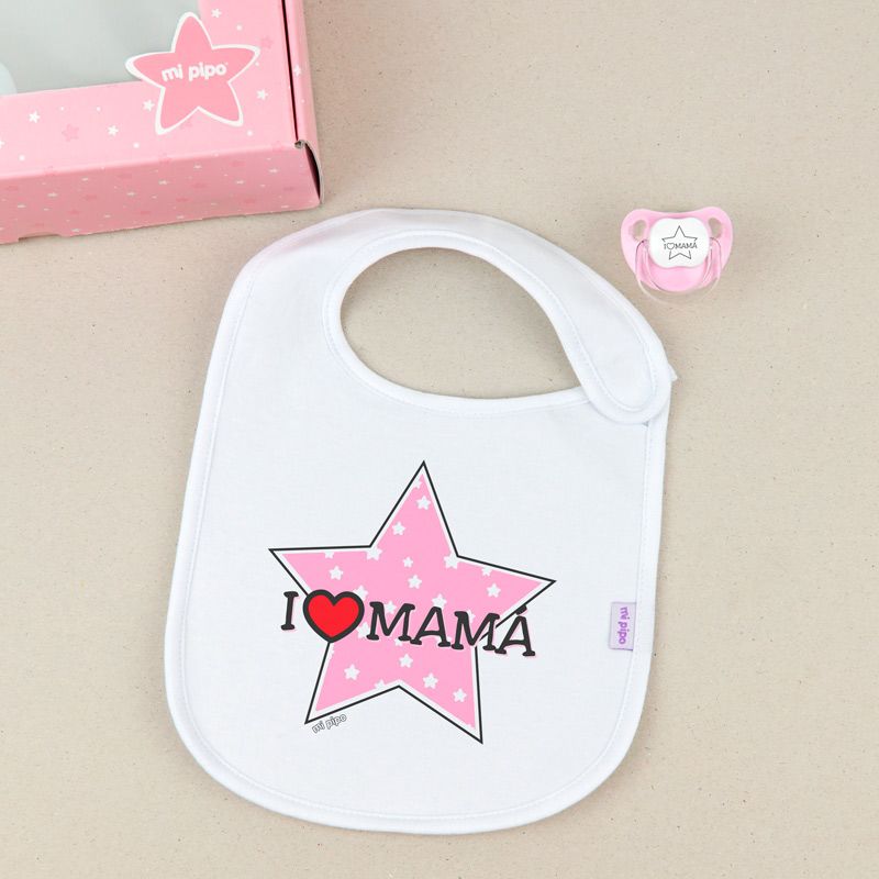 Cajita Babero + Chupete I love Mamá con estrella rosa - Mikeko