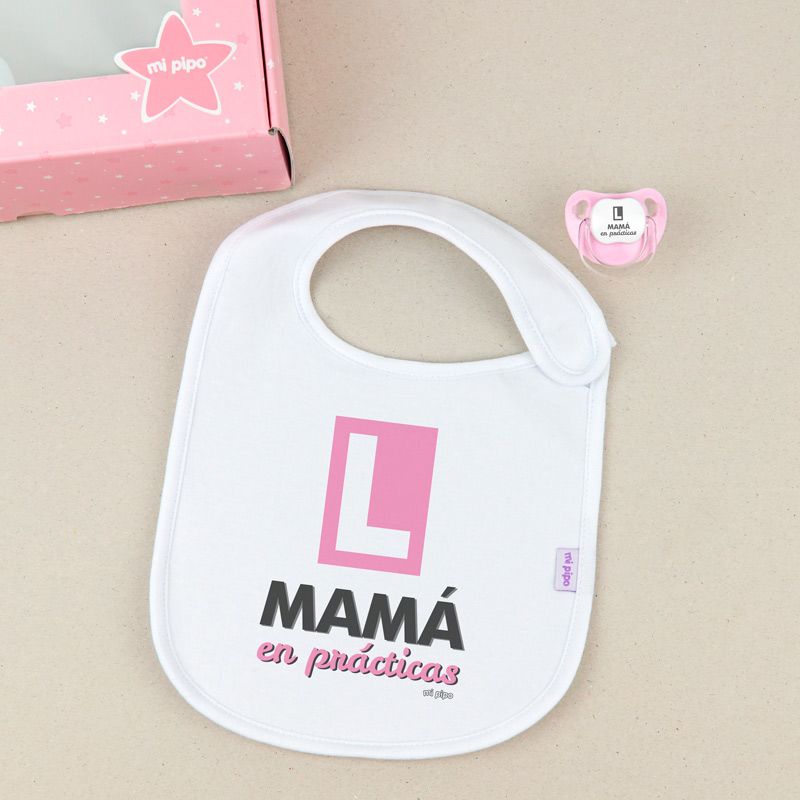 Cajita Babero + Chupete Mamá en prácticas rosa - Mikeko