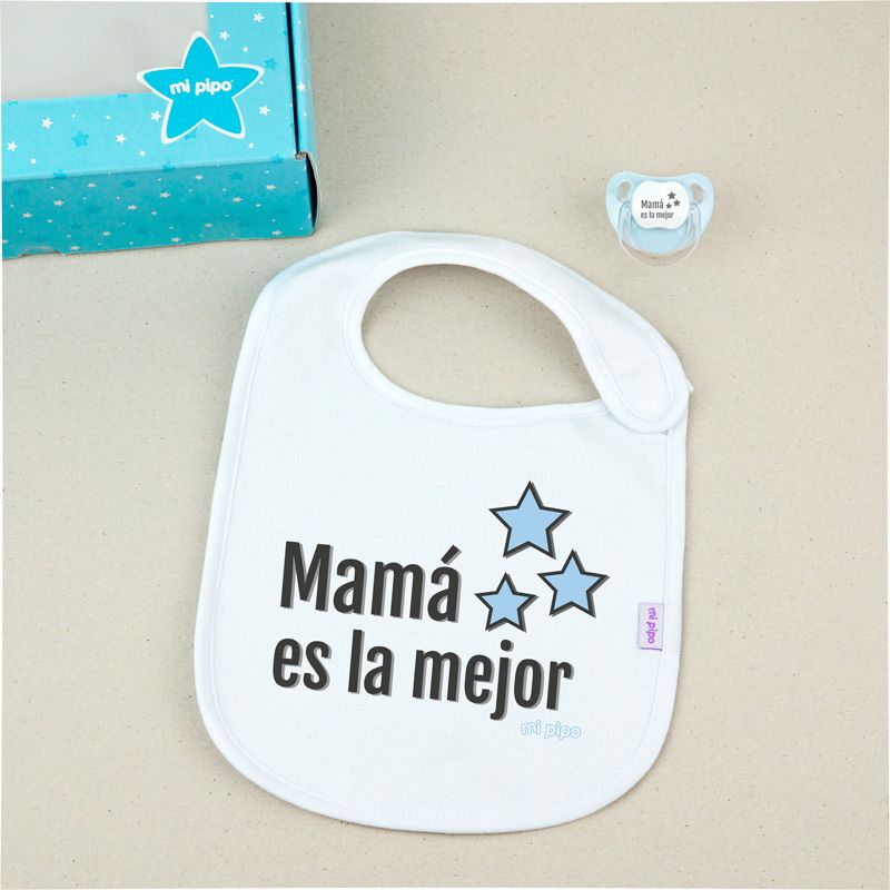Cajita Babero + Chupete Mamá es la mejor azul - Mikeko