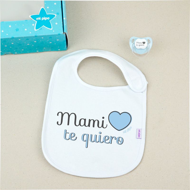 Cajita Babero + Chupete Mami te quiero azul - Mikeko
