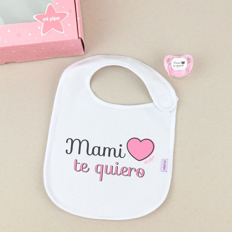 Cajita Babero + Chupete Mami te quiero rosa