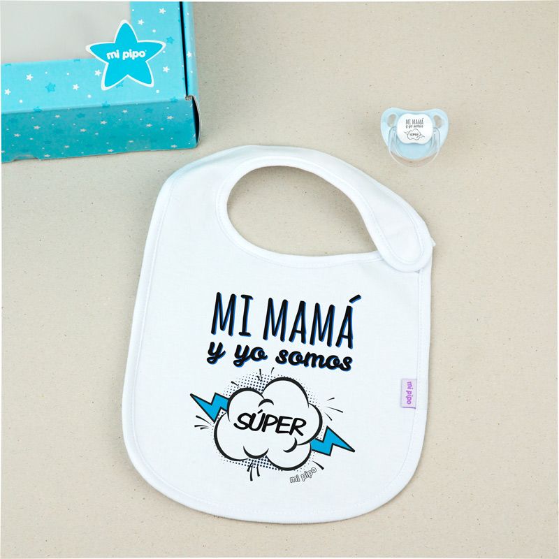 Cajita Babero + Chupete Mi Mamá yo somos súper azul - Mikeko