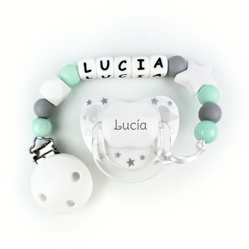 Cajita Chupete Chic Blanco Plata + Cadenita de silicona Baby Menta personalizada