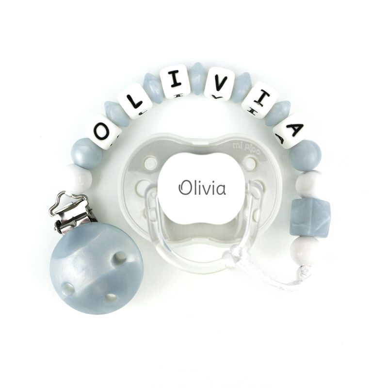 Cajita Chupete Gris + Cadenita de silicona Gris Nácar personalizada - Mikeko