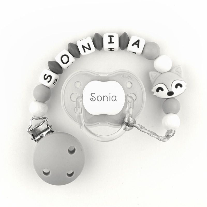 Cajita Chupete Gris + Cadenita de silicona Zorrito gris personalizados - Mikeko