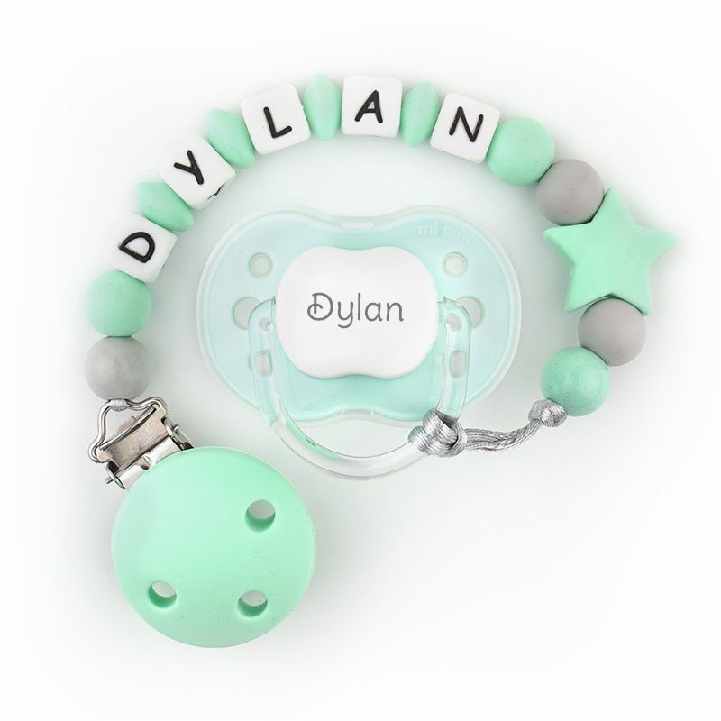 Cajita Chupete Menta + Cadenita de silicona Estrella menta personalizados
