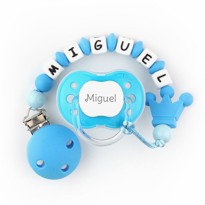 Cajita Chupete Pitufo + Cadenita de silicona Corona tonos azules personalizados - Mikeko