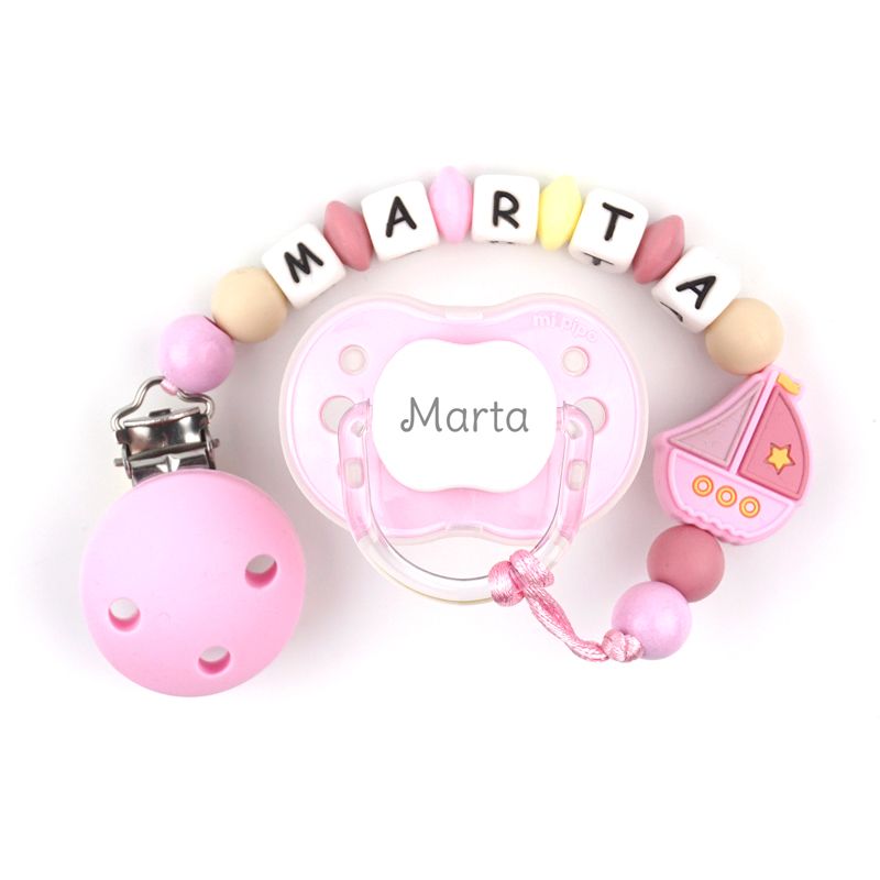 Cajita Chupete Rosa + Cadenita de silicona Barquito Rosa personalizada - Mikeko