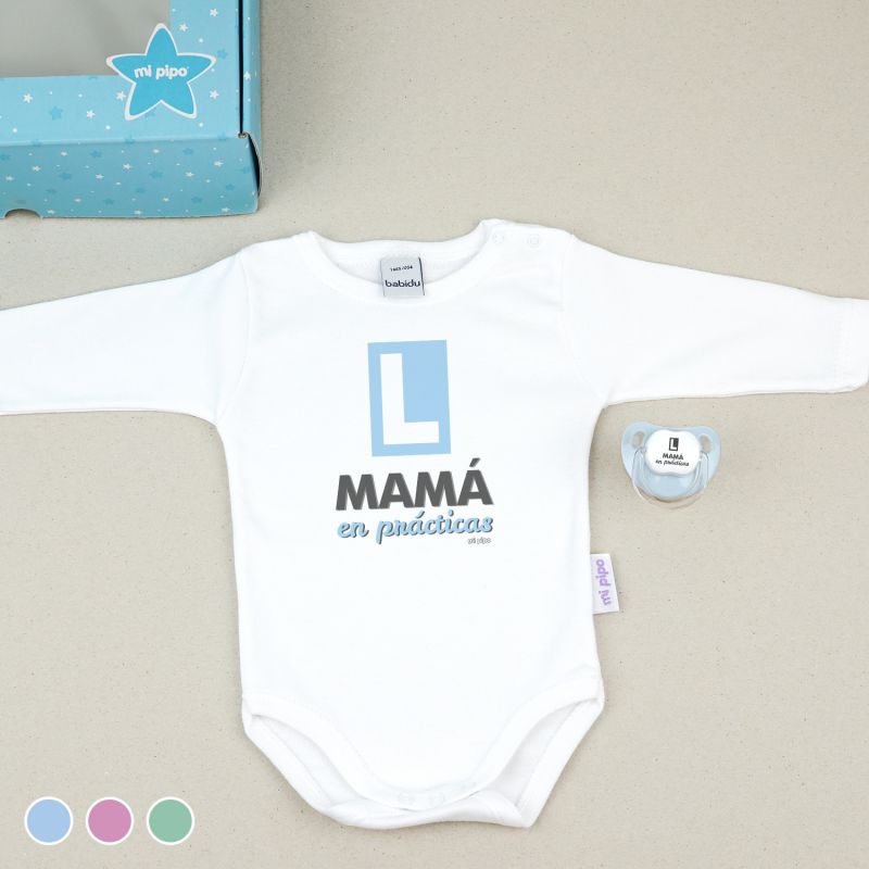Cajita Divertida Body + Chupete Mamá en prácticas Menta, Azul o Rosa - Mikeko