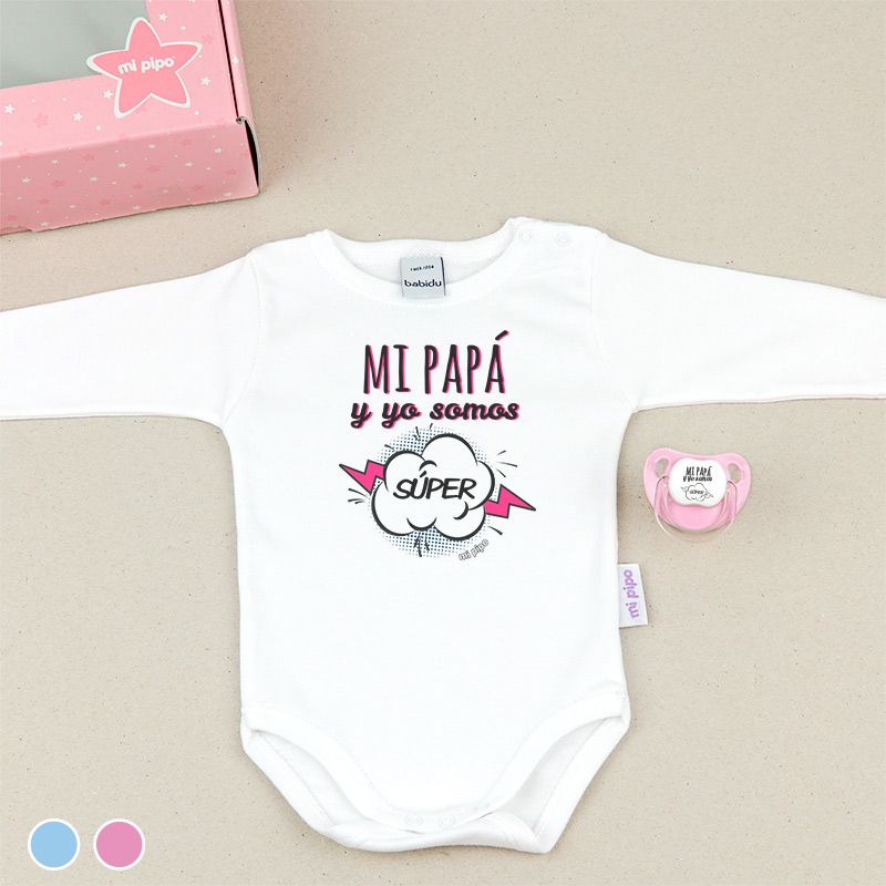 Cajita Divertida Body + Chupete Mi Papá y yo somos Súper Azul o Rosa - Mikeko