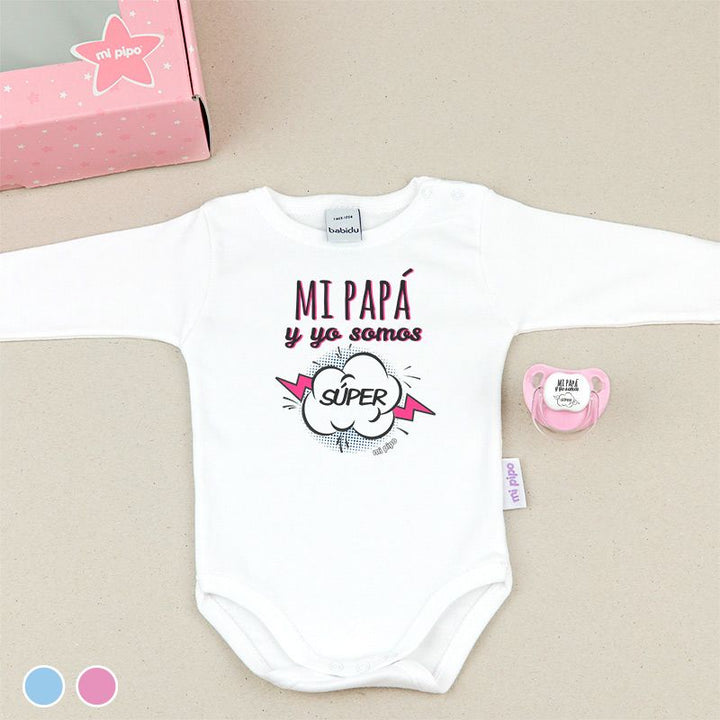 Cajita Divertida Body + Chupete Mi Papá y yo somos Súper Azul o Rosa - Mikeko