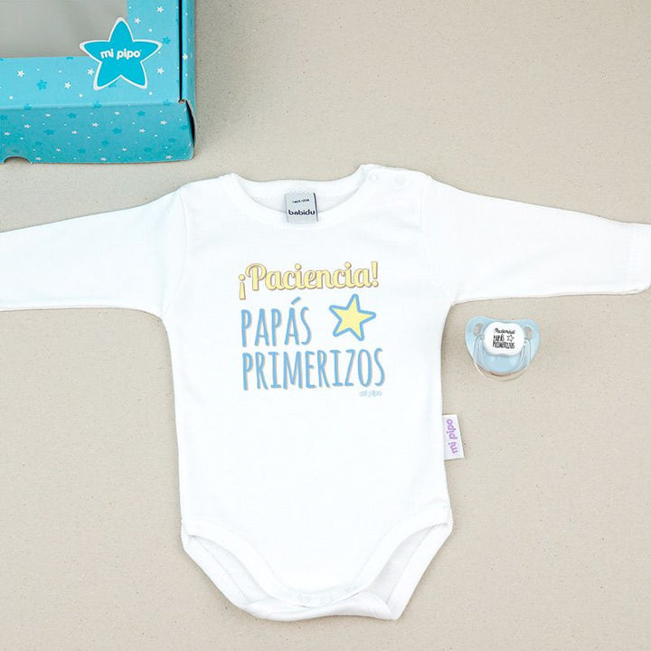 Cajita Divertida Body + Chupete ¡Paciencia! Papás primerizos Menta, Azul o Rosa