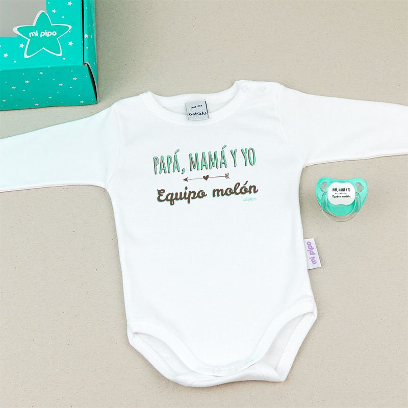 Cajita Divertida Body + Chupete Papá, Mamá y yo equipo molón Menta
