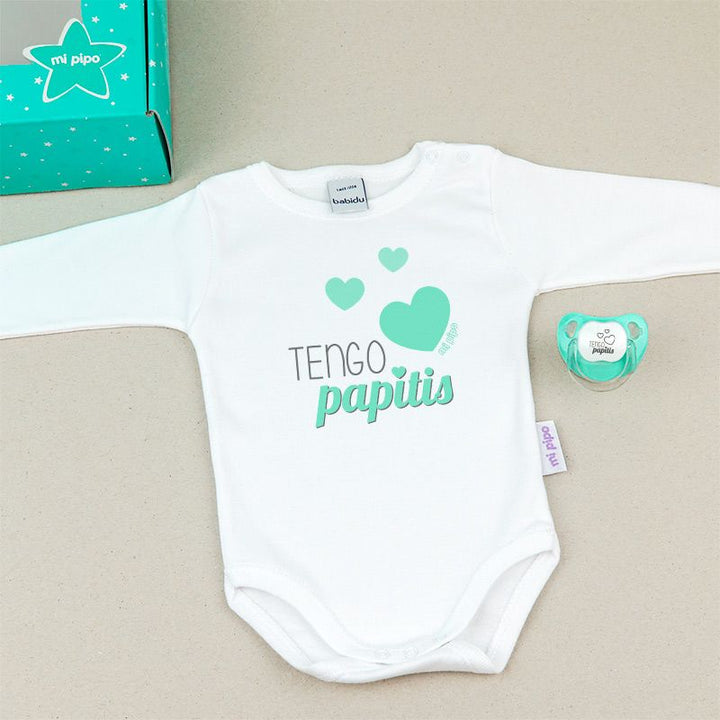 Cajita Divertida Body + Chupete Tengo Papitis Menta, Azul o Rosa