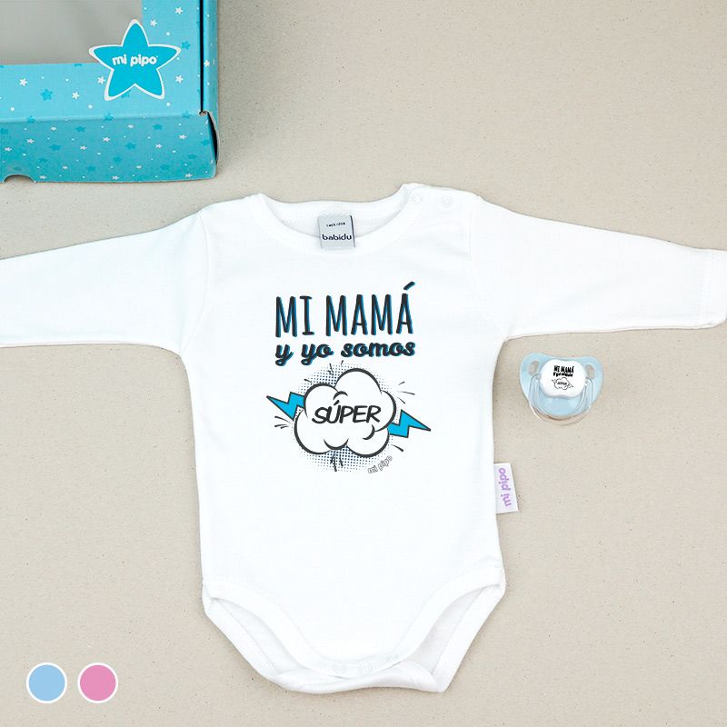 Cajita Divertida Body + Chupete Mi Mamá y yo somos Súper Azul o Rosa