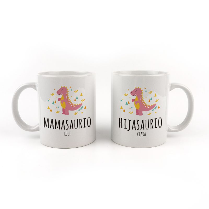 Pack Tazas cerámica o plástico Personalizada Mamasuario, Hijasaurio