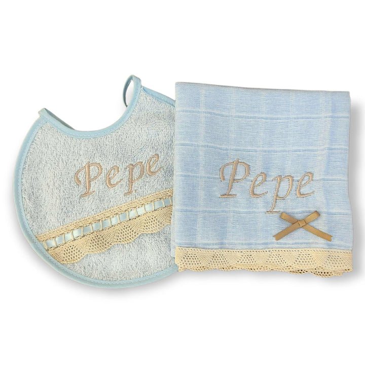 Pack Muselina y babero Personalizada encaje Camel