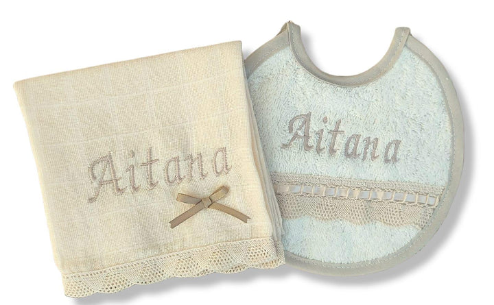 Pack Muselina y babero Personalizada encaje Camel