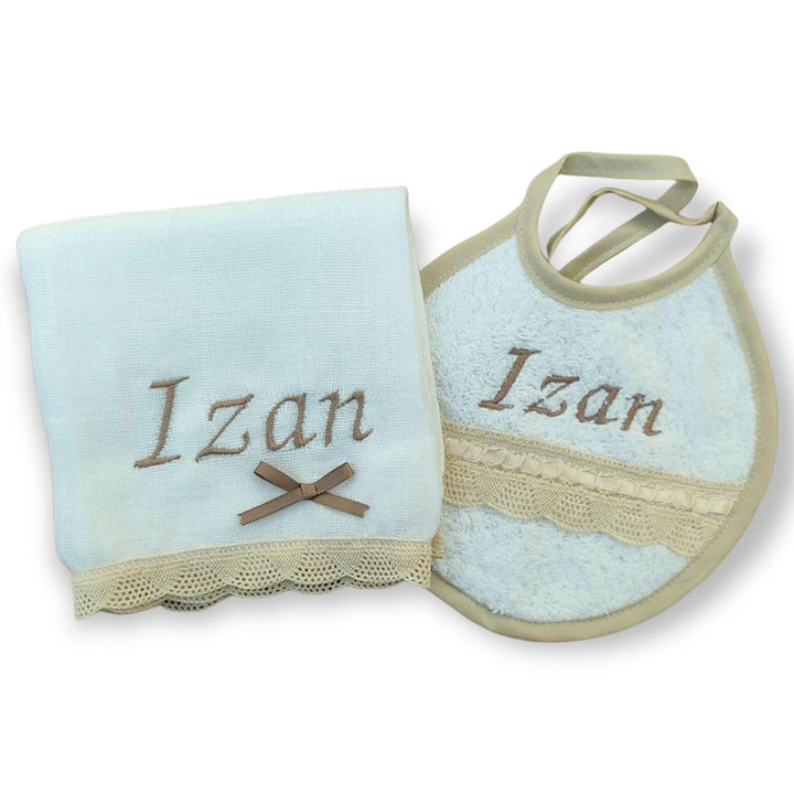 Pack Muselina y babero Personalizada encaje Camel