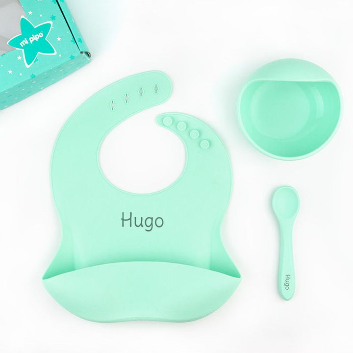 Vajilla con babero, bol y cuchara de silicona Personalizada - Mikeko