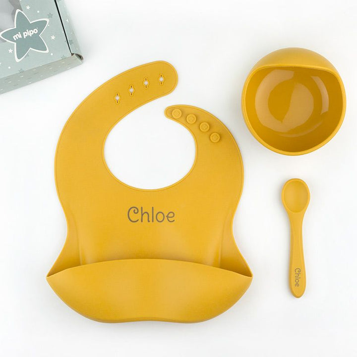 Vajilla con babero, bol y cuchara de silicona Personalizada - Mikeko
