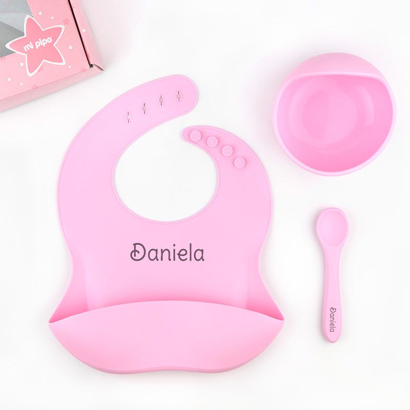 Vajilla con babero, bol y cuchara de silicona Personalizada - Mikeko