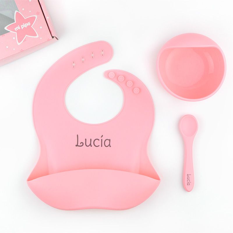 Vajilla con babero, bol y cuchara de silicona Personalizada - Mikeko