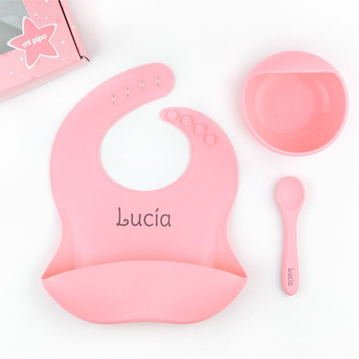 Vajilla con babero, bol y cuchara de silicona Personalizada - Mikeko